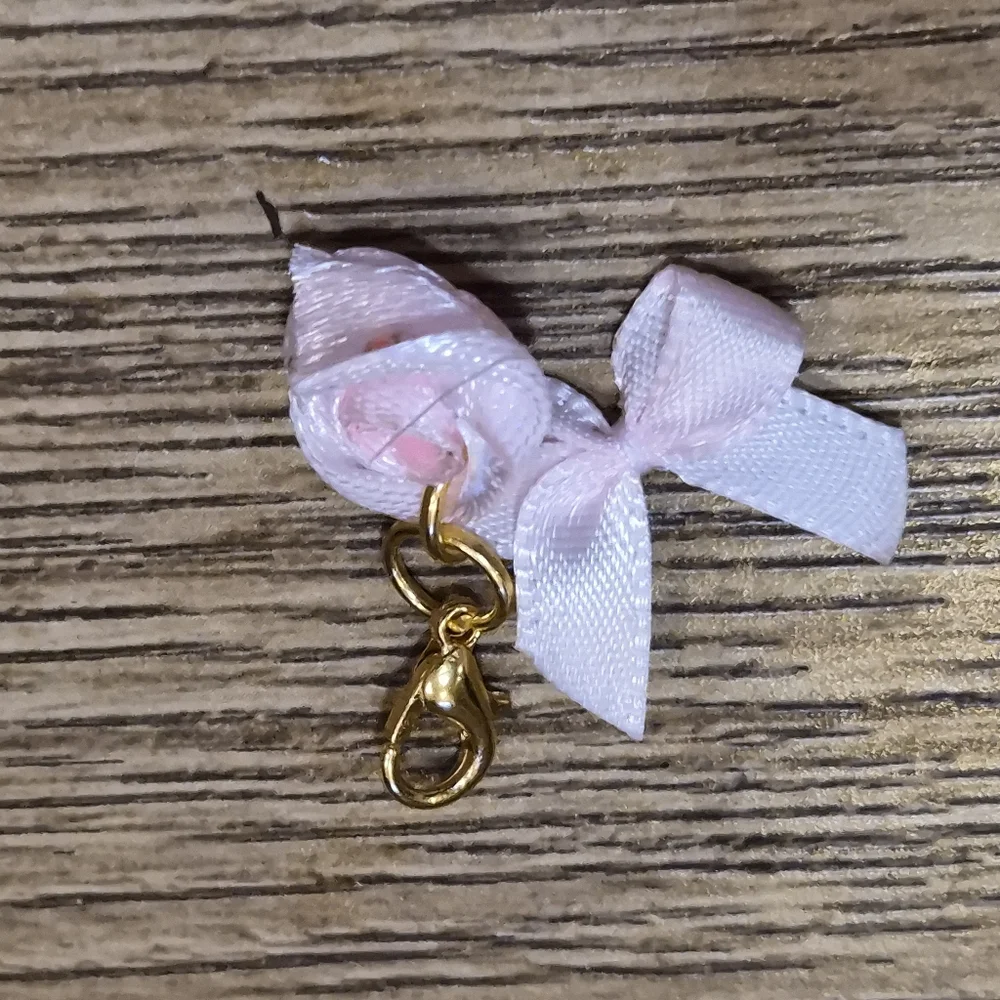 Handmade Gold Tone Bracelet w/ Sweet Baby Pink Bow + Martching Charm 1 of A Kind
